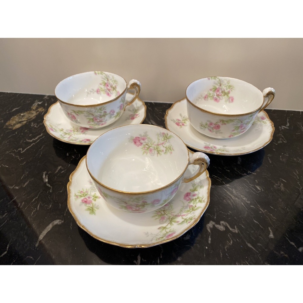 Antique Tressemanes & Vogt T&V Limoges France Cups and Saucers Set of 3